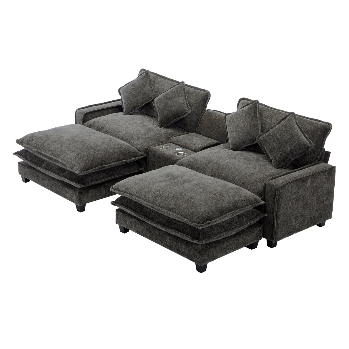 112.6" Chenille Upholstered Sofa with Two Ottomans, Two USB Ports, Two Cup Holders and Large Storage Box -Dark Gray