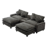 112.6" Chenille Upholstered Sofa with Two Ottomans, Two USB Ports, Two Cup Holders and Large Storage Box -Dark Gray