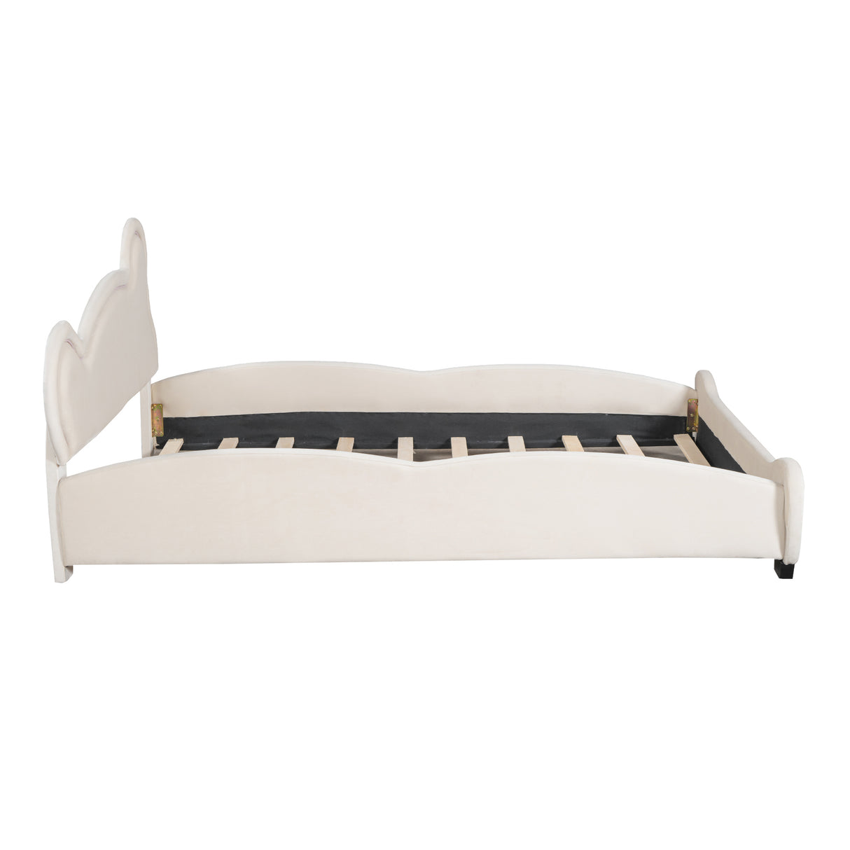 Queen Size Platform Bed with Bear-Shaped Headboard and Storage Pocket, Beige