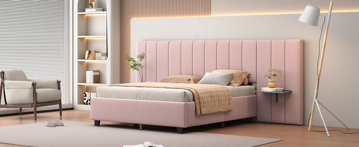 Queen Size Upholstered Platform Bed with Large Headboard - Velvet, Pink