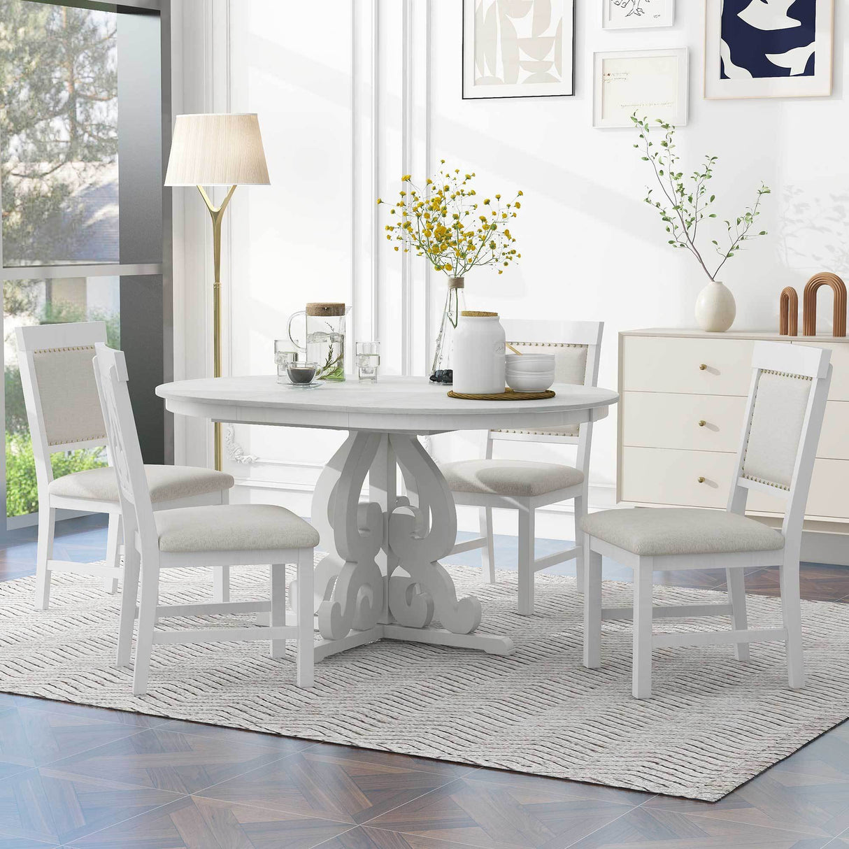 TREXM 5-Piece Retro Functional Dining Set with a 16-inch Leaf and 4 Upholstered Chairs (Antique White)