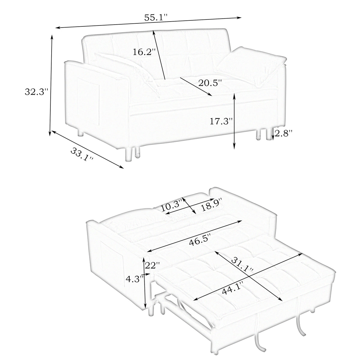 54.30-inch Love Seat with pull out bed - light grey