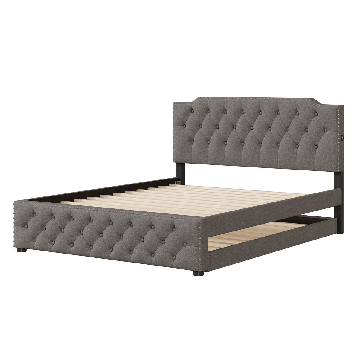 Upholstered Platform Bed With Twin Size Trundle And 2 Sets Of USB Ports On Each Side, Linen Fabric