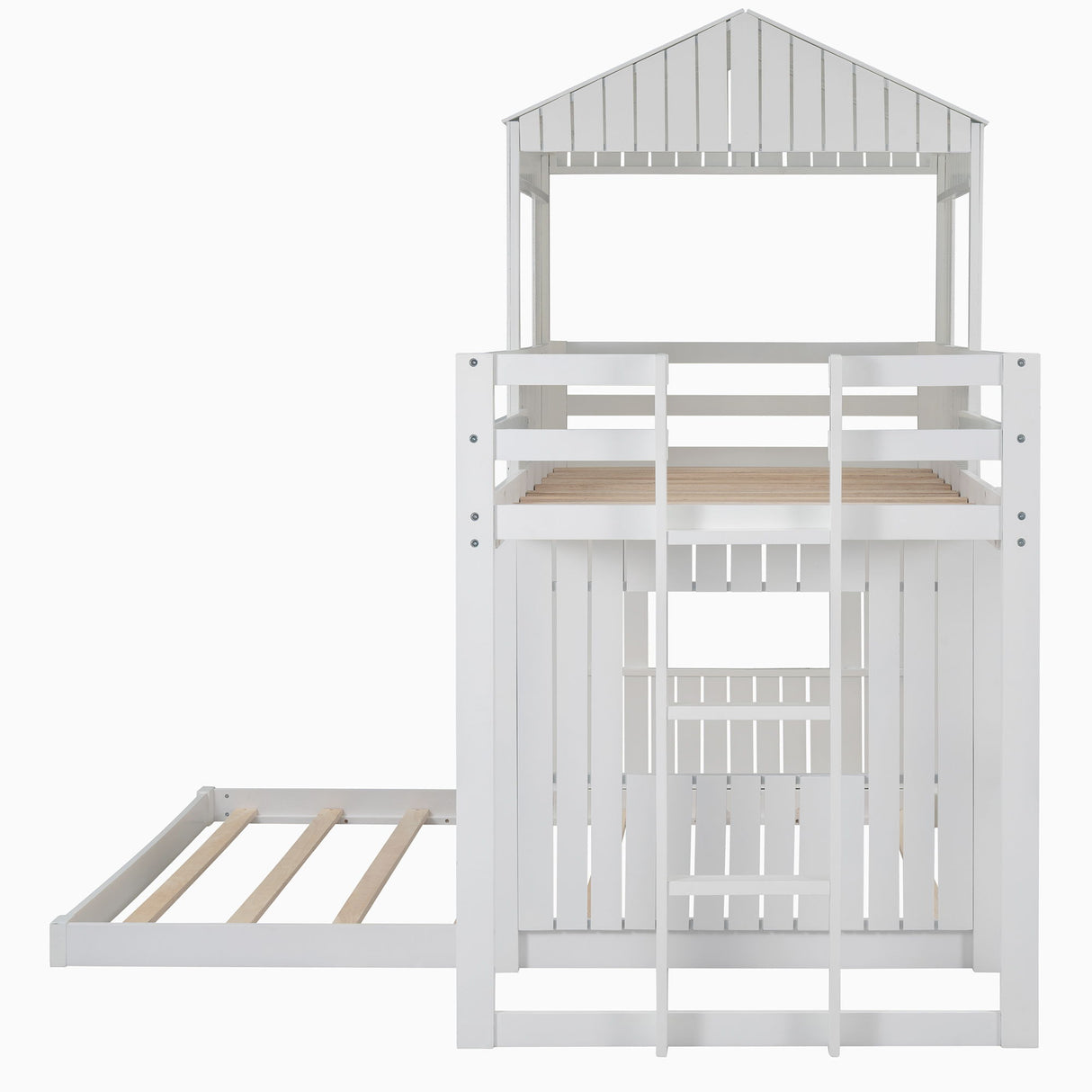 Twin Over Full Loft Bed With Playhouse, Ladder And Guardrails - White