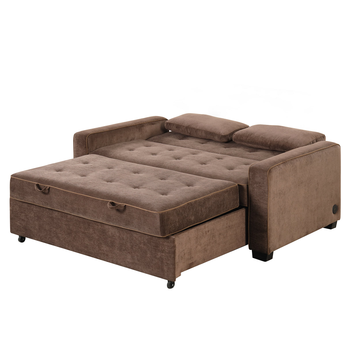 66.5" Upholstered Loveseat With Pull Out Bed, Two Throw Pillows, Dual USB Charging Port and Adjustable Backrest - Brown