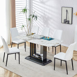 7-Piece Faux Marble Dining Set with 6 Upholstered White Chairs - White/Black