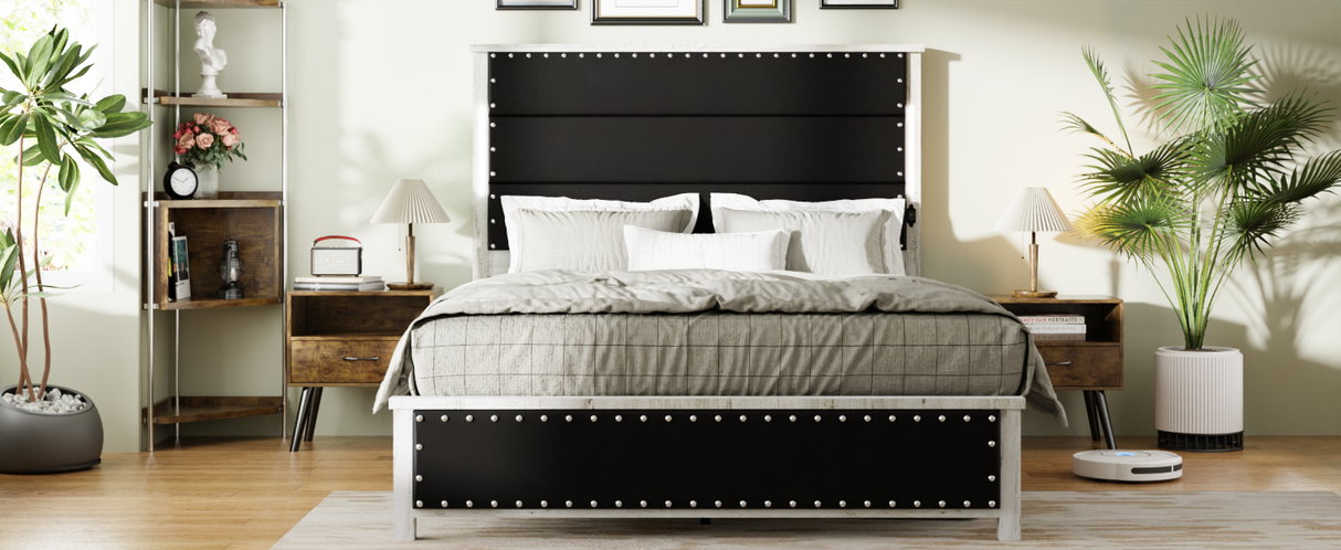 King Size Bed with Upholstered Headboard, Charging Station and LED Lights, Dark Grey