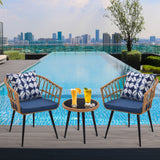 3 Piece Patio Bistro Set With Side TableWith Glass Top, Cushions & Lumbar Pillows - Boho Blue