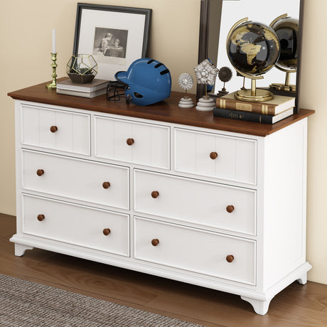 Seven Drawer Dresser - White / Walnut