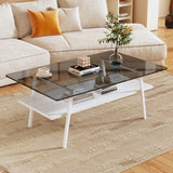 Rectangle Coffee Table, Tempered Glass Tabletop With Metal Legs, Modern Table For Living Room - Black Glass