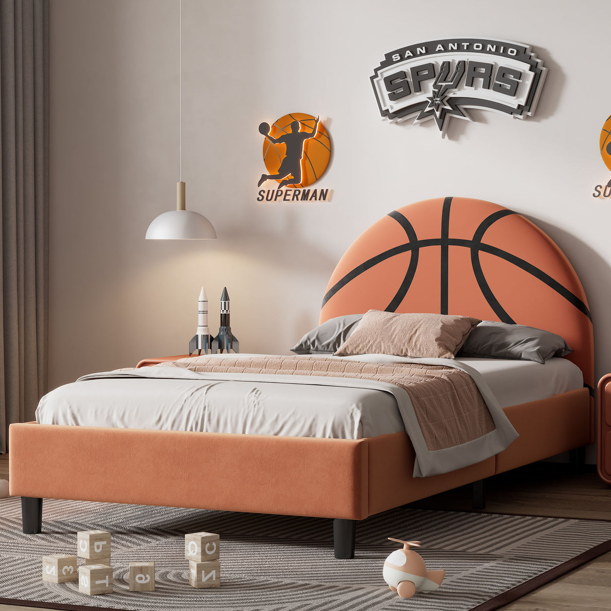 Basketball Design Upholstered Twin Platform Bed Sport Style - Orange