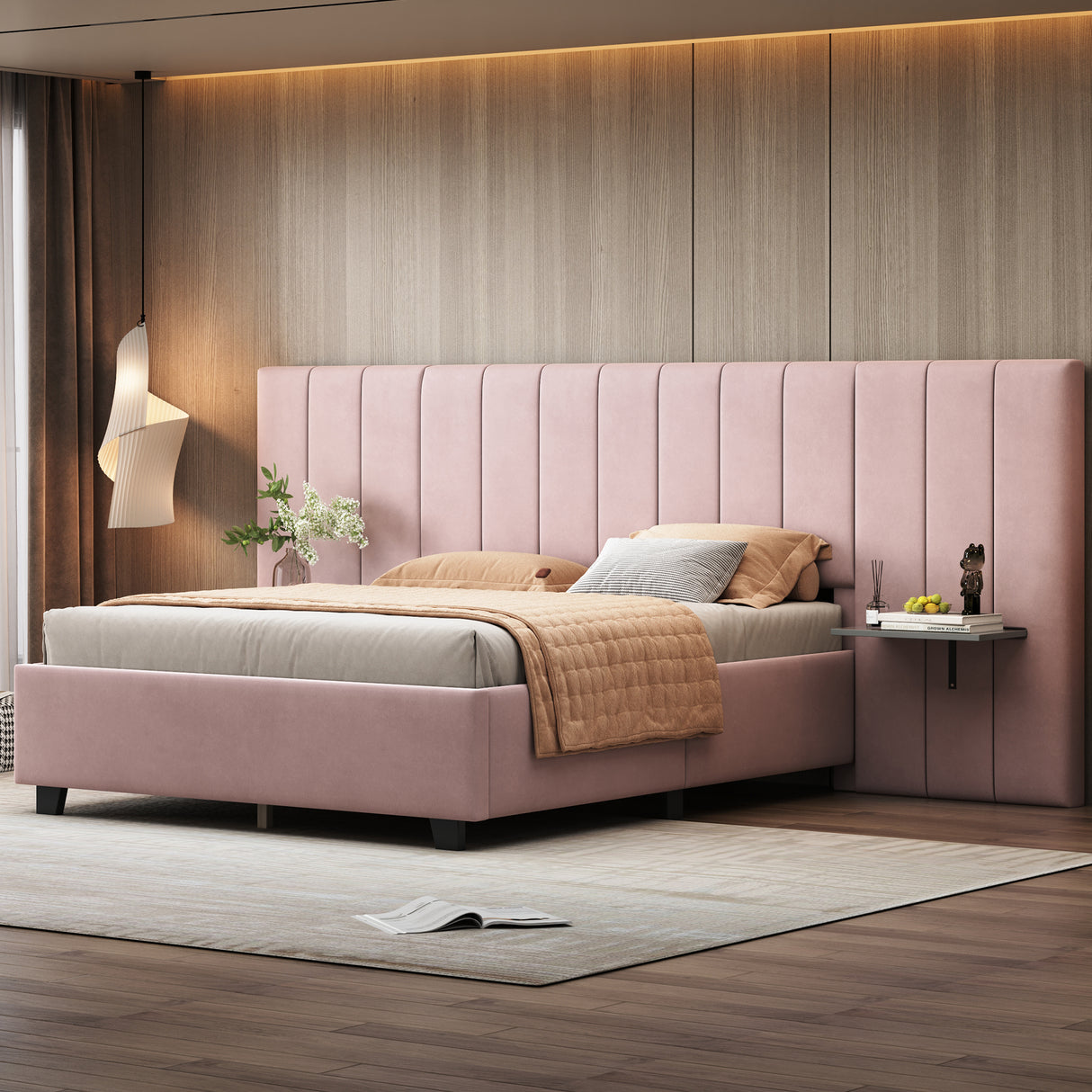 Full Size Upholstered Platform Bed with Tall Headboard, Pink