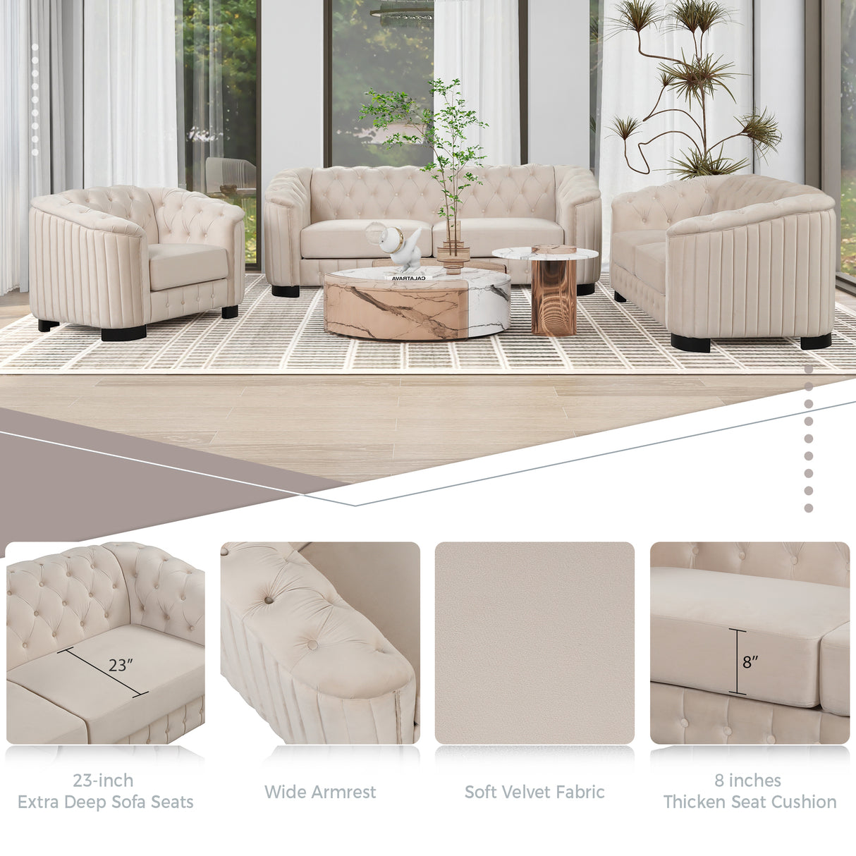 Modern 3-Piece Velvet Upholstered Living Room Set Including Sofa, Love Seat and Chair, Beige