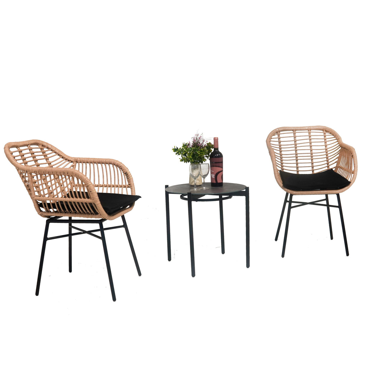 3 Piece Outdoor Wicker Bistro Style Table And 2 Chairs - Black / Natural