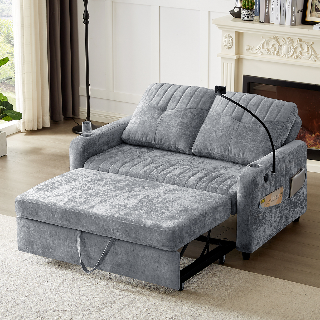 53.9" Modern Loveseat Pull-out Sofa Bed with Adjustable Backrest ,Two Cup Holders, Phone Holder, Three Charging Ports and Side Storage Pocket , Beige