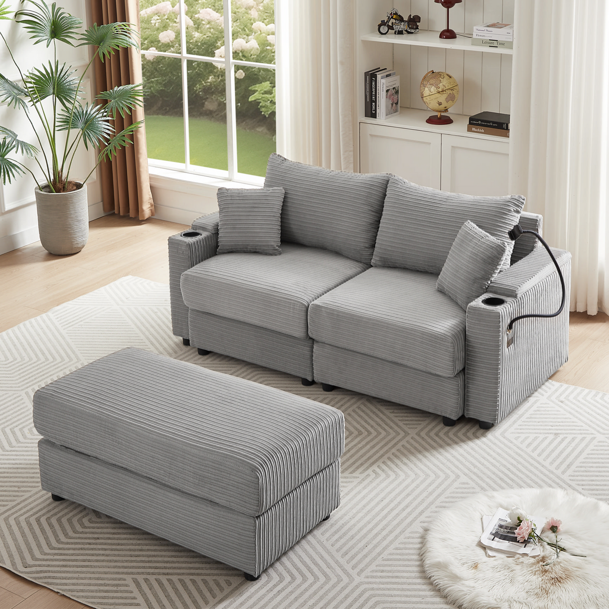 72.8" Modern Style Loveseat with Storage Space, Movable Ottoman, Two USB Ports, Two Cup Holders and Phone Holder - Gray