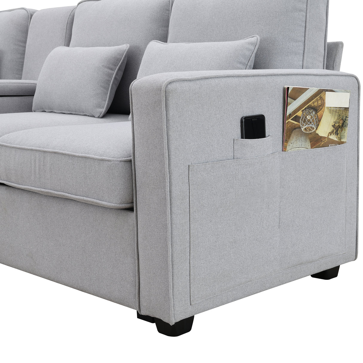 114.2" Upholstered Sofa with Console, 2 Cupholders, 2 USB Ports for Wired or Wireless Charge with 4 Pillows - Light Gray