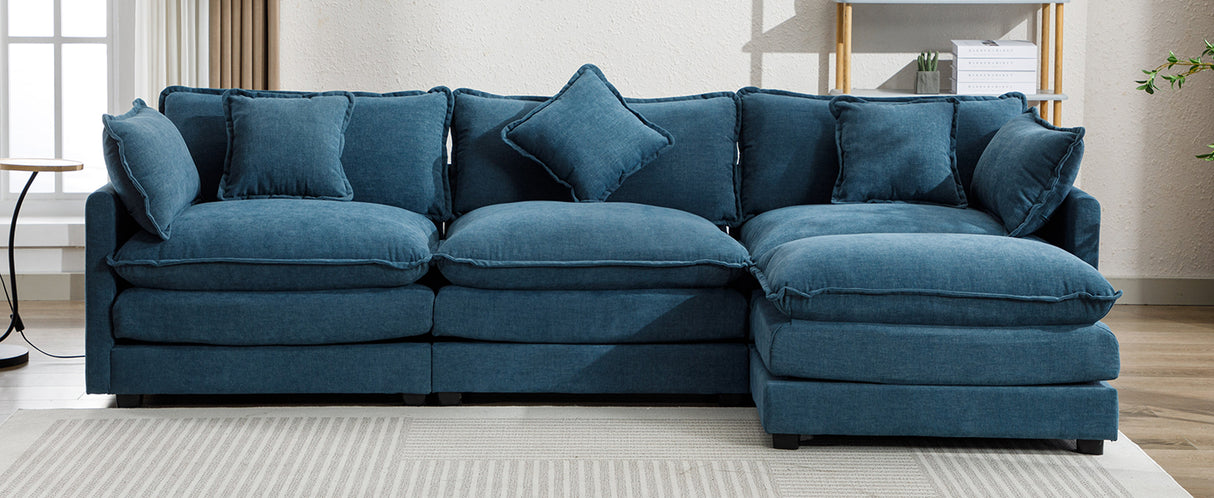 112.2" Chenille Upholstered Sofa with Ottoman and 5 Pillows - Blue