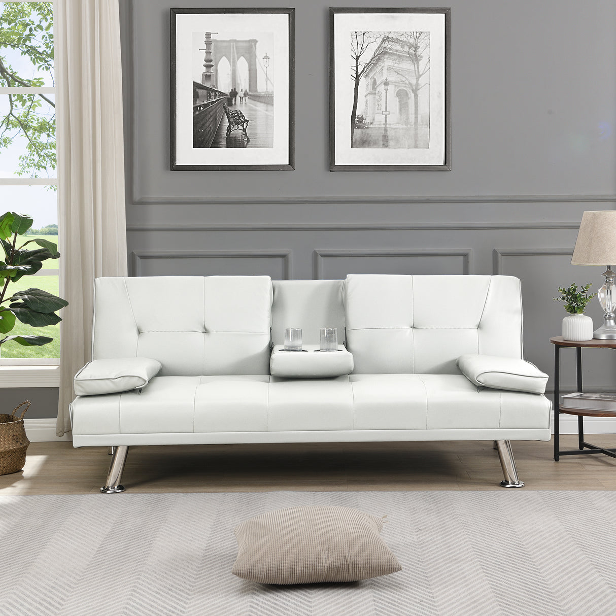 Sleeper Sofa with Armrest and Two Cup Holders - White