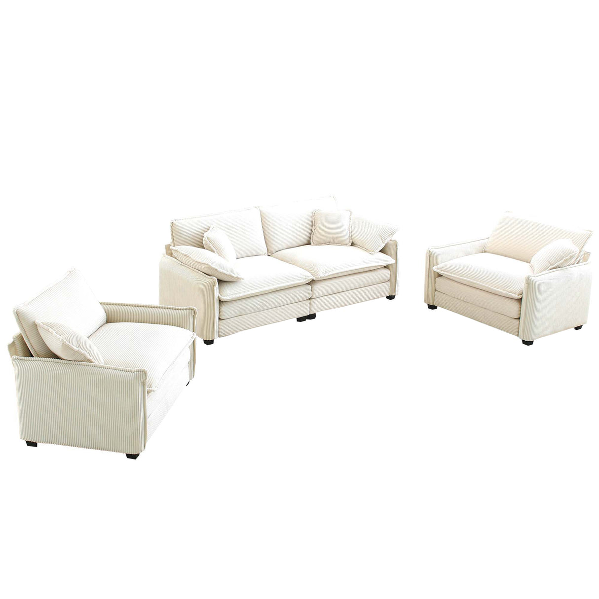 Luxurious and Sophisticated 3 Piece Corduroy Living Room Set with Soft Cushions and Pillows - White