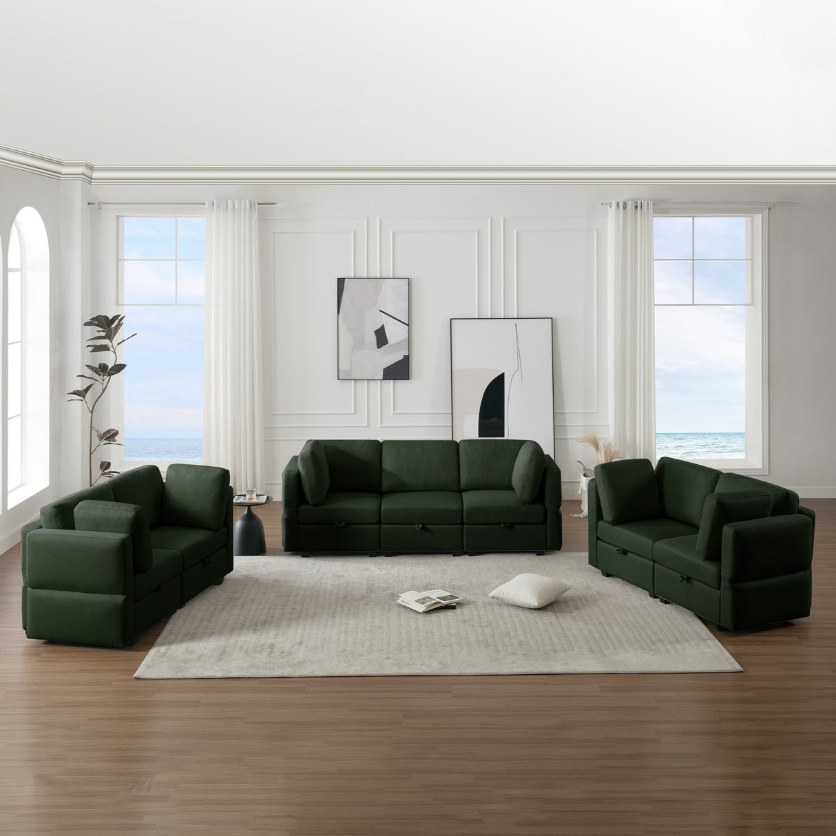 3 Piece Living Room Set With Storage including Sofa, Love Seat and Chair - Green