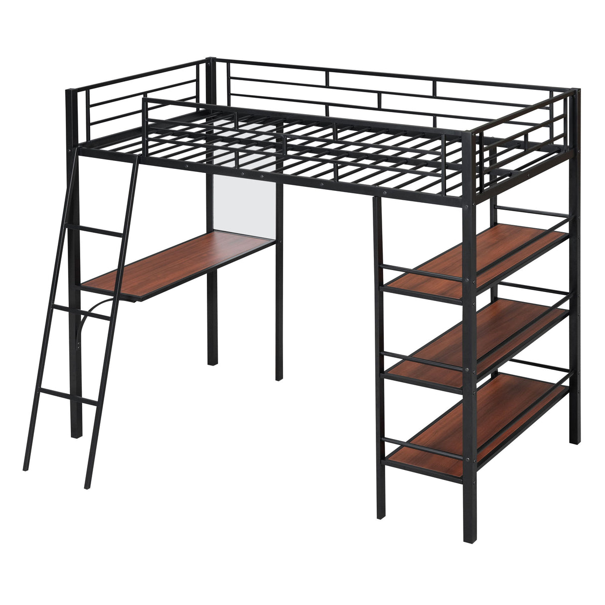 Loft Metal Bed With 3 Layers Of Shelves And Desk, Stylish Metal Frame Bed With Whiteboard