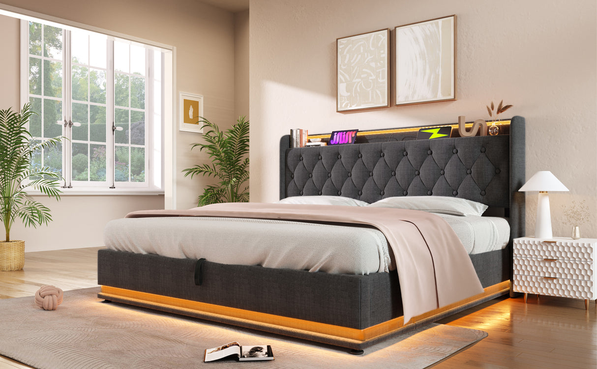 King Upholstered Bed With 360 Surround LED, Remote Control, Hydraulic Storagew and USB Type-C Charging - Gray