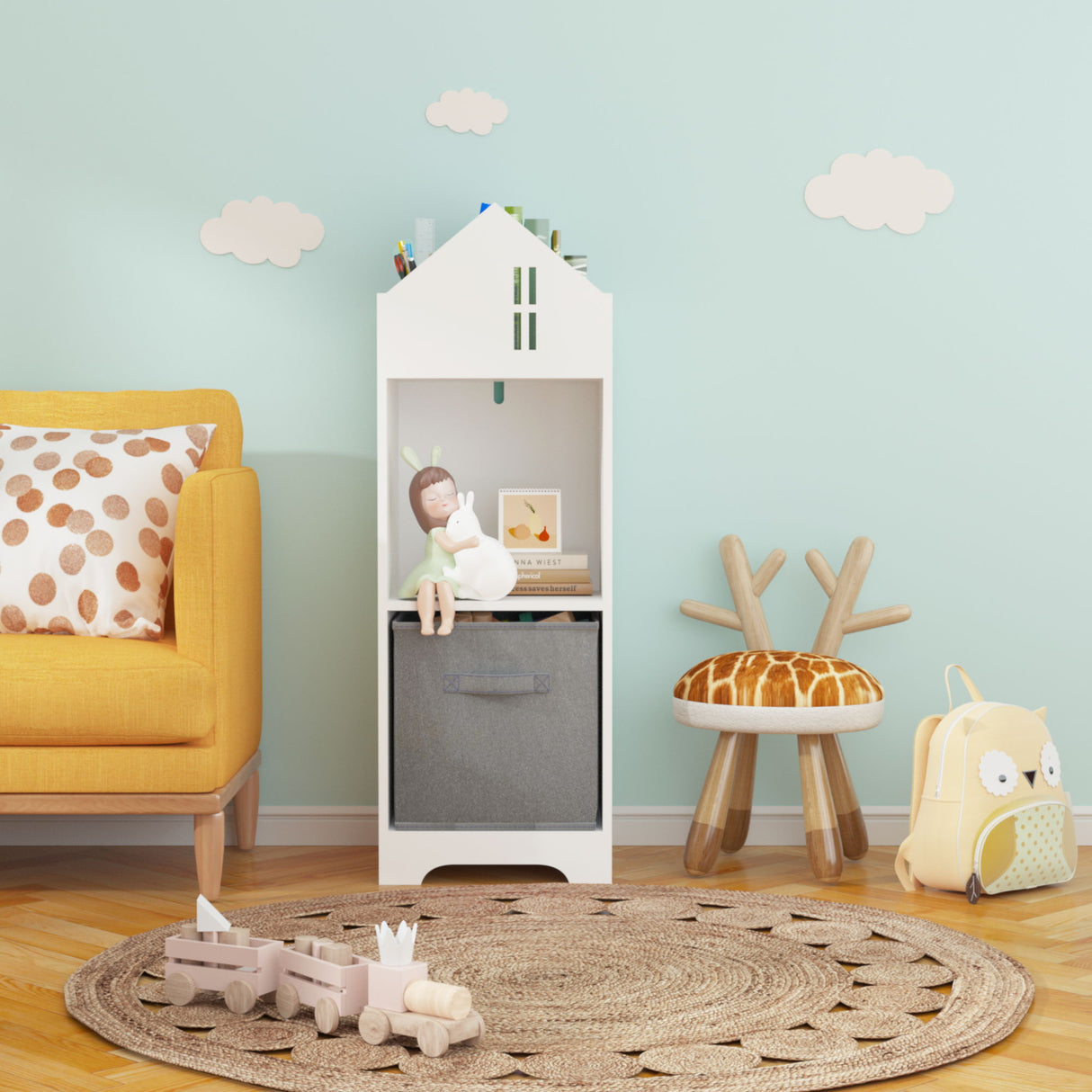 Kids House Bookcase With Storage - White / Gray