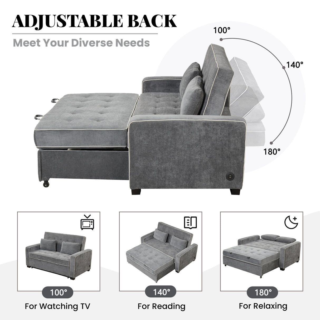 Upholstered Loveseat with Pull Out Sofa, Two Throw Pillows, Dual USB Charging Port And Adjustable Backrest - Gray