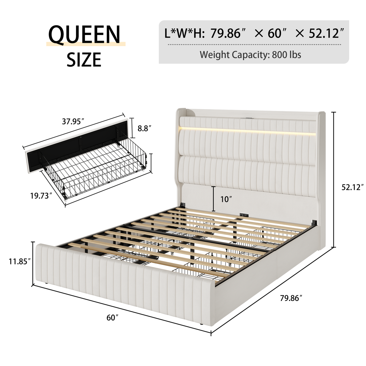 Upholstered Queen Bed with Storage Headboard, 4 Drawers, LED Lights & Charging Station - Beige