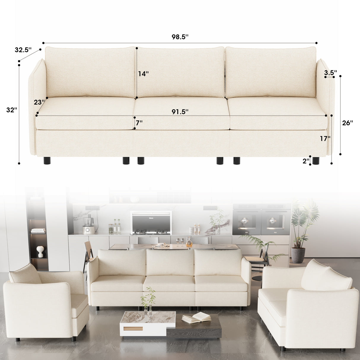 3 Piece Modular Living Room Set with Different Configurations, Off White