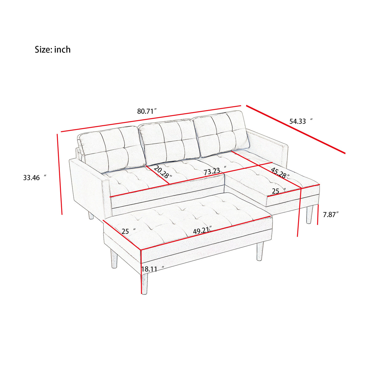 White Fabric Right Facing Sofa Chaise with Ottoman - White