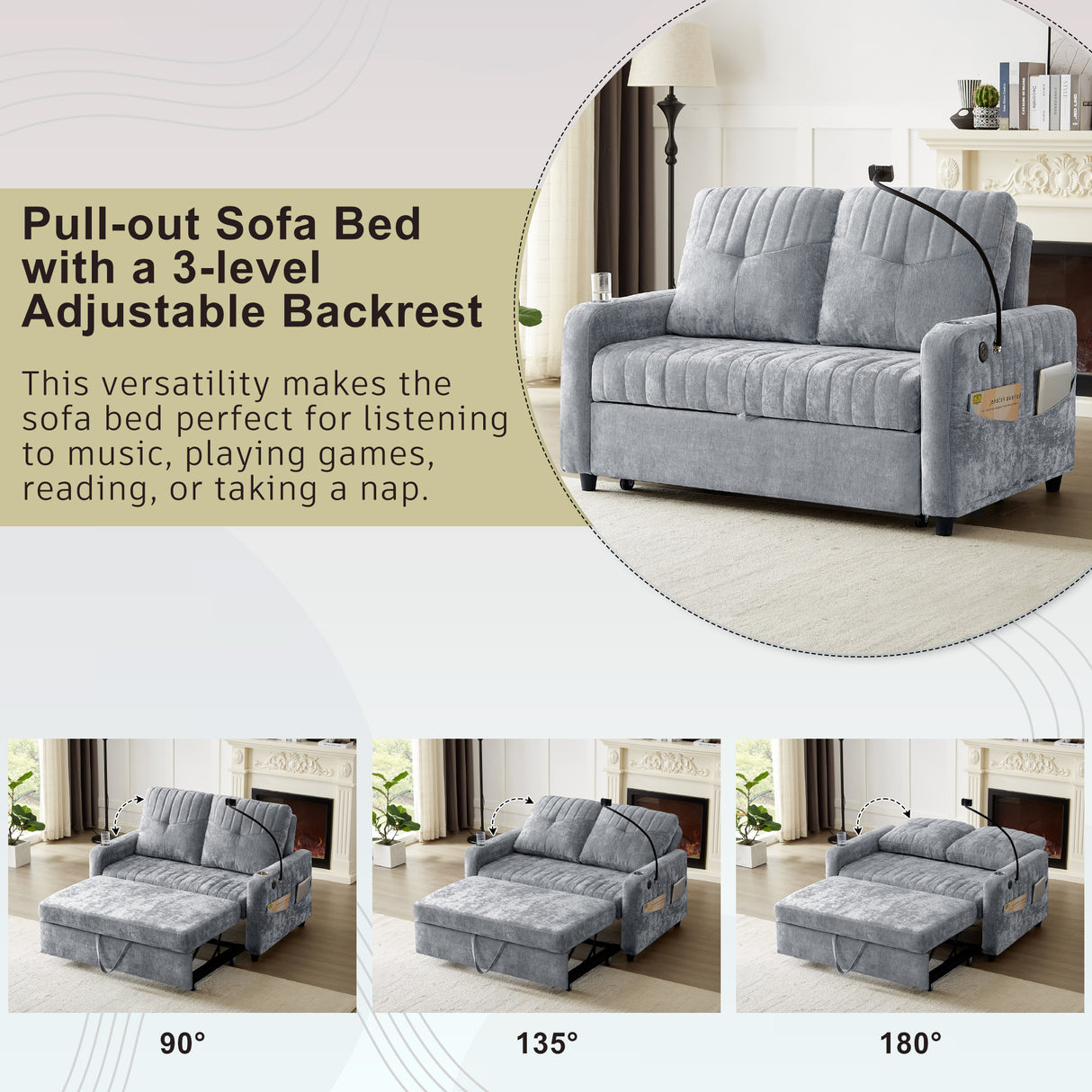 53.9" Modern Loveseat Pull-out Sofa Bed with Adjustable Backrest ,Two Cup Holders, Phone Holder, Three Charging Ports and Side Storage Pocket , Beige