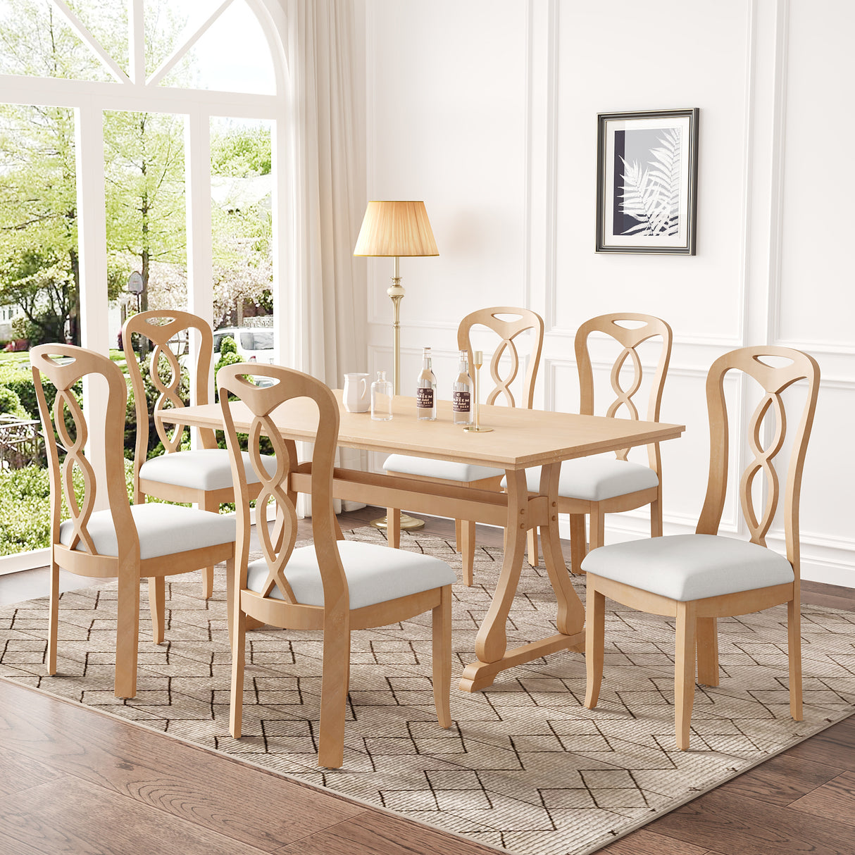 7-Piece Trestle Dining Room Set with Upholstered Dining Chairs - Natural Wood