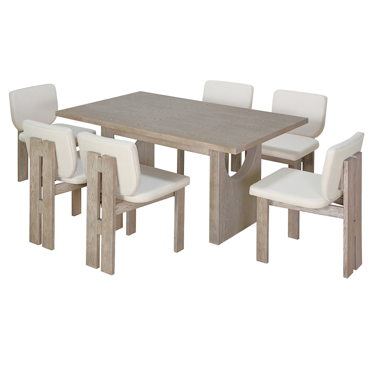 TREXM 7-Piece Retro Dining Set with Trestle Table and 6 Upholstered Chairs (Natural Wood Wash)