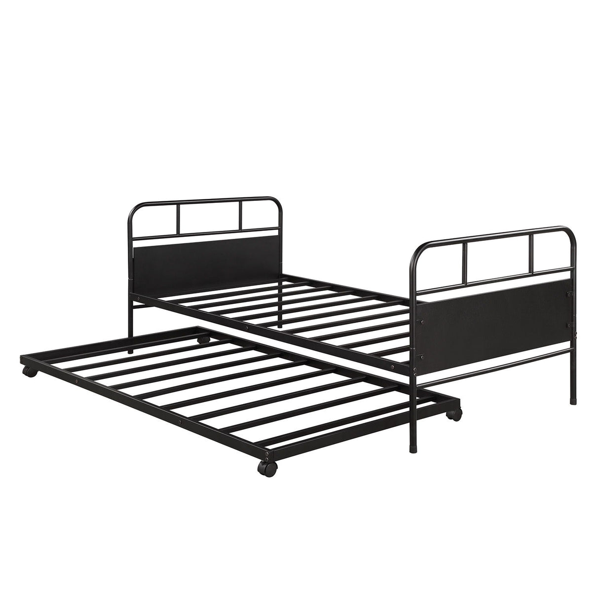 Twin Size Metal Platform Bed With Trundle and Built In Casters - Black