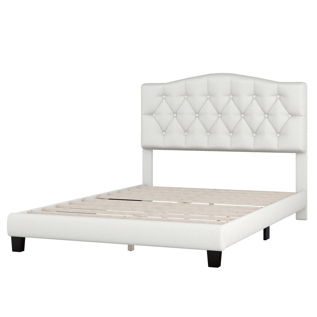 Full Upholstered Platform Bed With Diamond Tufted Details - Beige