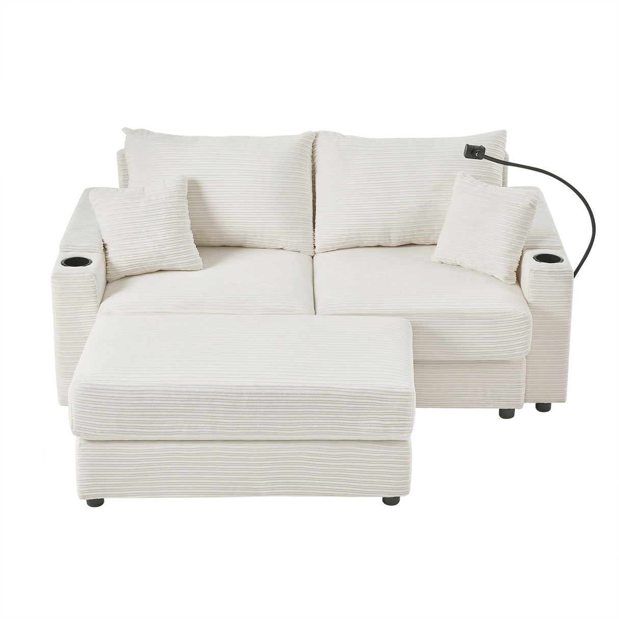 72.8" Modern Style Loveseat with Storage Space, Movable Ottoman, Two USB Ports, Two Cup Holders and Phone Holder - Beige