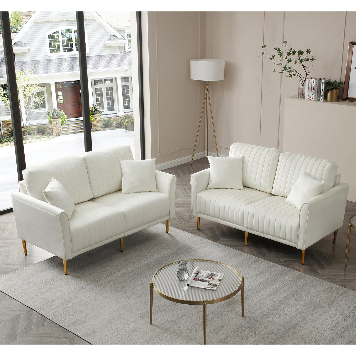 2 PC Velvet Living Room Set Including 2 Love Seats with Four Throw Pillows and Metal legs - Off White