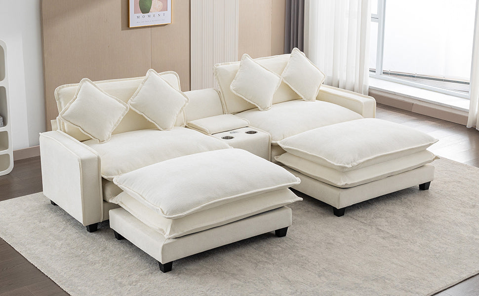 112.6" Chenille Upholstered Sofa with Two Ottomans, Two USB Ports, Two Cup Holders and Large Storage Box - Beige