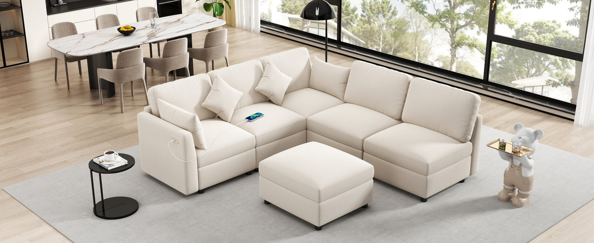 85.4" Modular Sectional Sofa with a Movable Ottoman and Two USB Ports, Beige