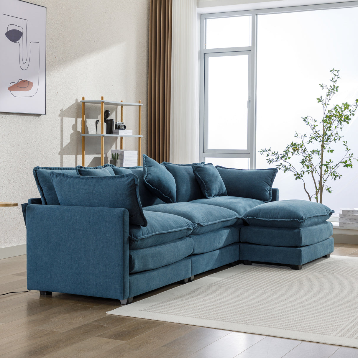 112.2" Chenille Upholstered Sofa with Ottoman and 5 Pillows - Blue