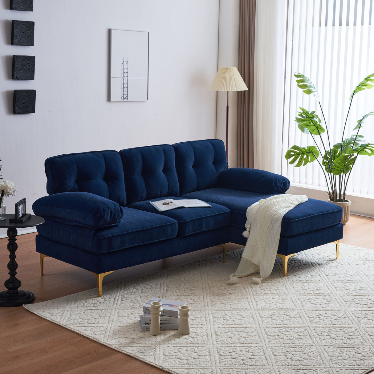 83" Modern Velvet Sofa Chaise - Blue