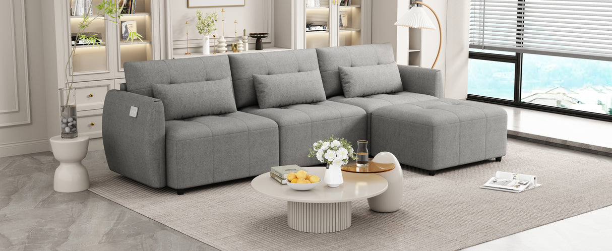 113.3" Modular Sectional Sofa with Ottoman, USB and USB-C Ports, Gray