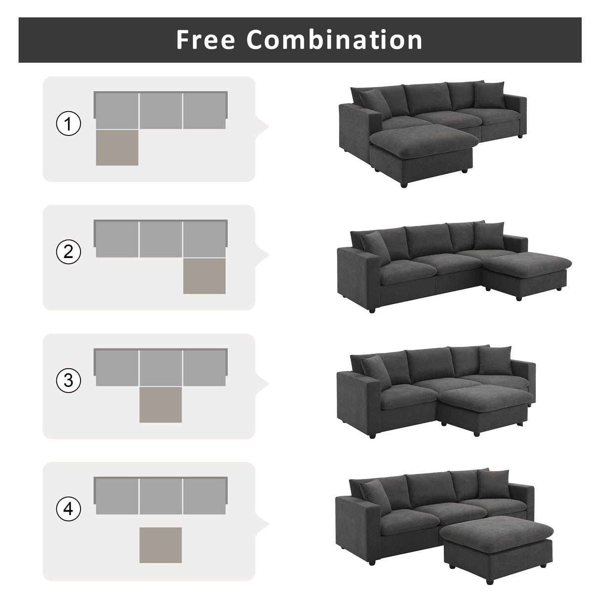 Modern Sectional Sofa, L-Shaped Couch Set With 2 Free Pillows, 4-Seat Polyester Fabric Couch Set With Convertible Ottoman For Living Room, Apartment, Office