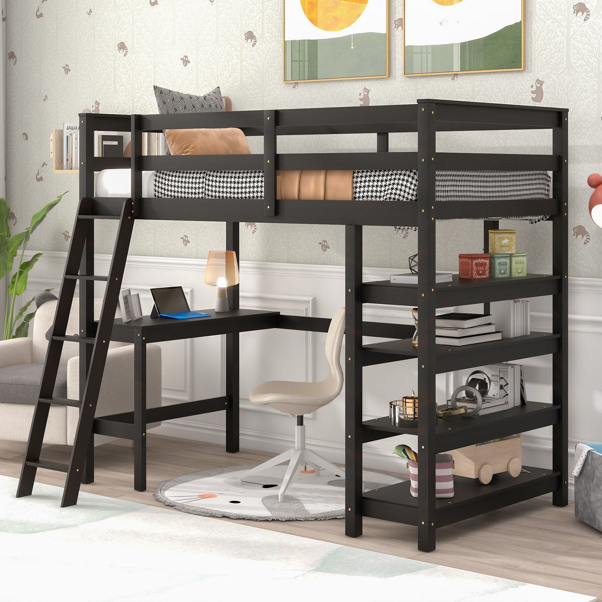 Twin Loft Bed With Desk, Ladder, Shelves