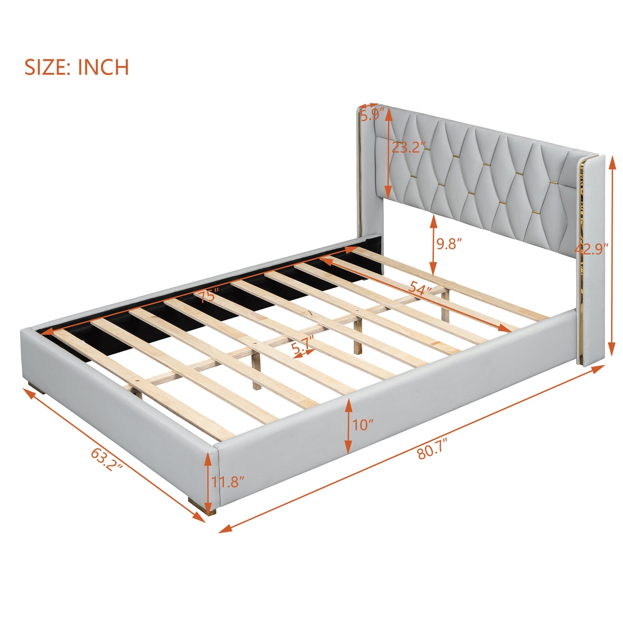 Full Size Upholstered Platform Bed with Metal Strips, Off-white