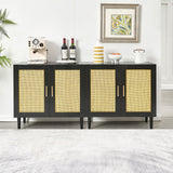 Buffet Cabinet With Natural Rattan Door With Adjustable Shelves - Black / Beige