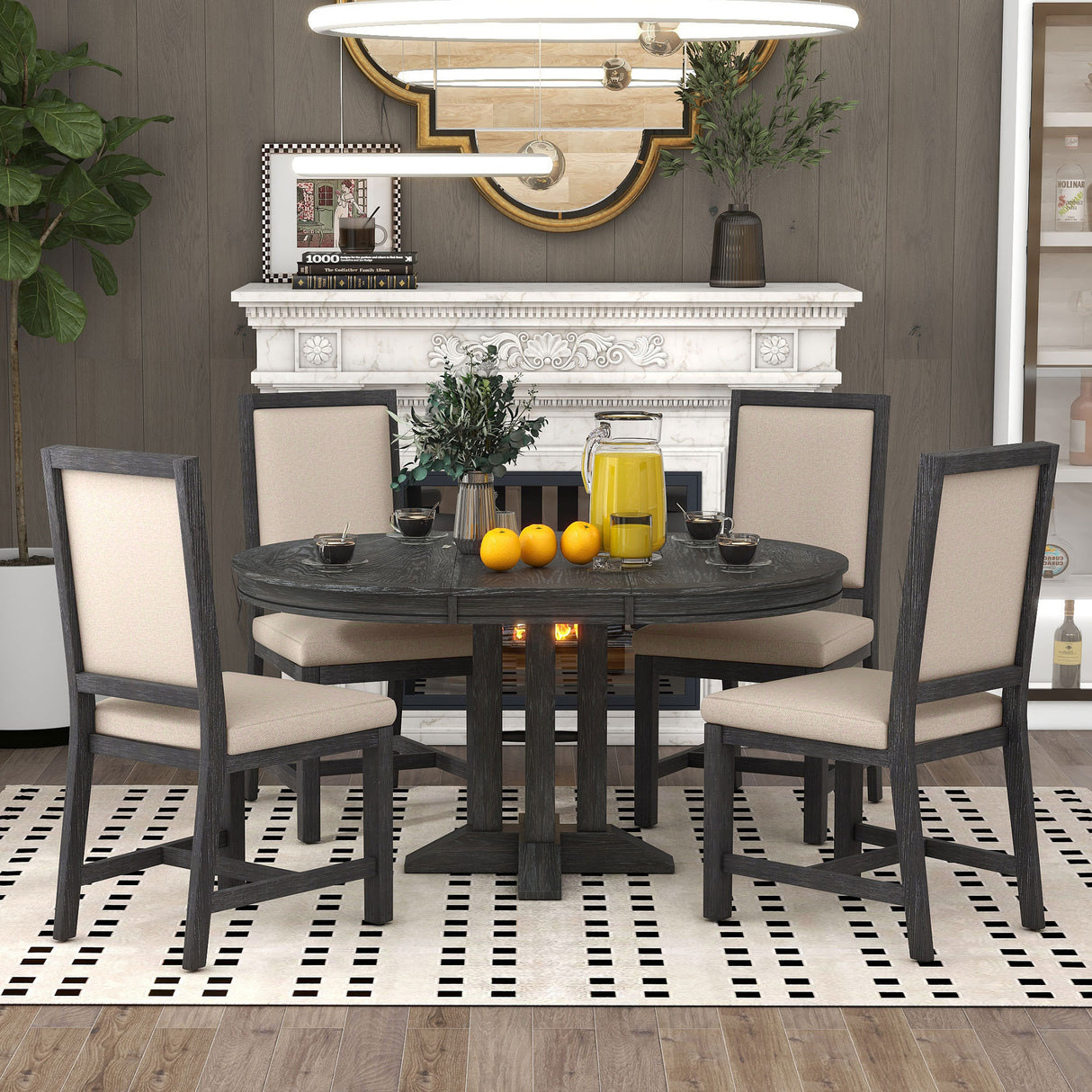 TREXM 5-Piece Dining Set With Extendable Table and 4 Upholstered Chairs (Black)