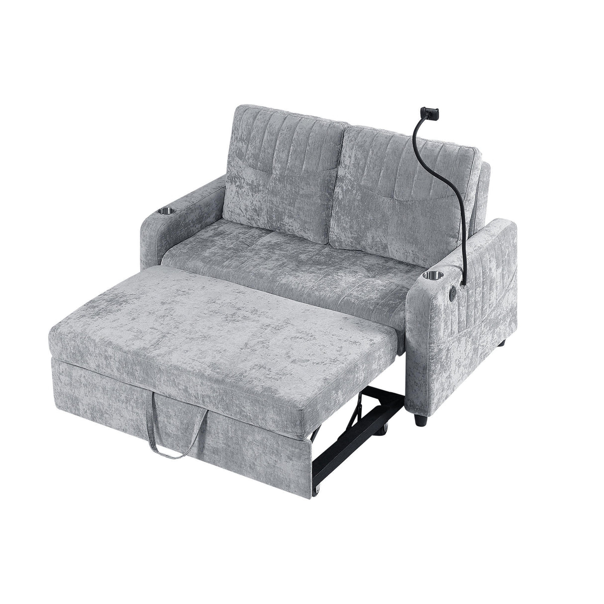 53.9" Modern Loveseat Pull-out Sofa Bed with Adjustable Backrest ,Two Cup Holders, Phone Holder, Three Charging Ports and Side Storage Pocket , Beige